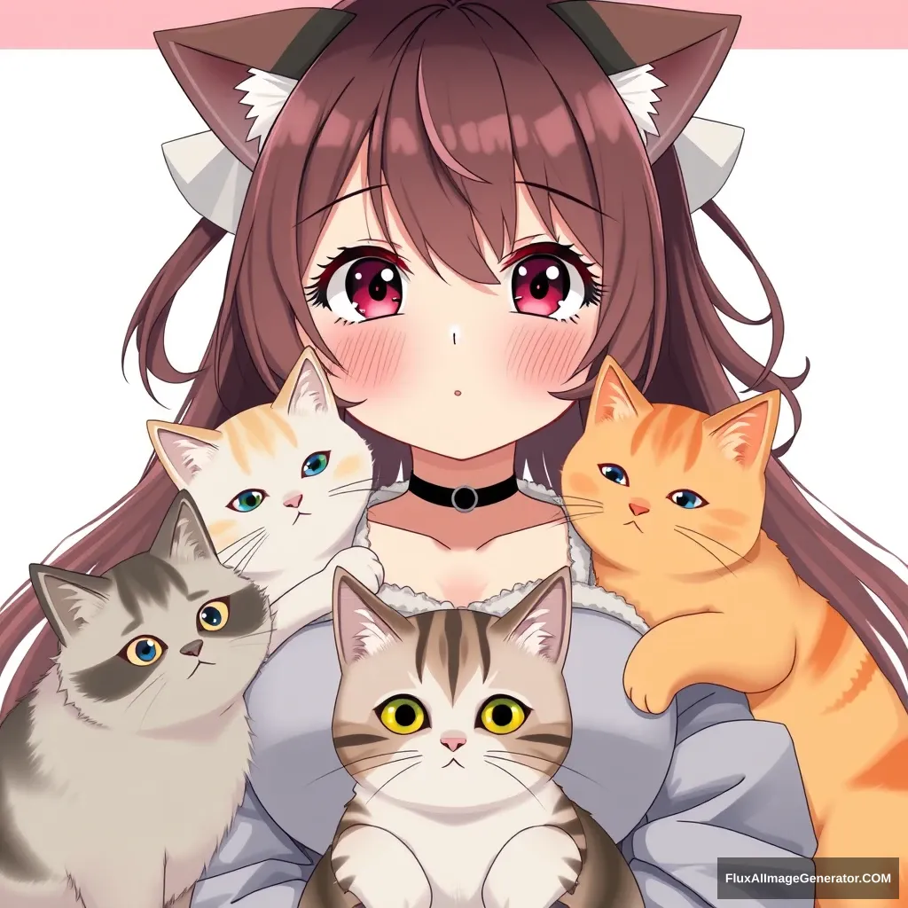 Anime girl with big breasts and three cats.