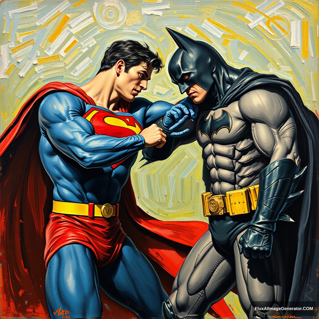 Oil painting of Superman and Batman punching each other in the style of Van Gogh.