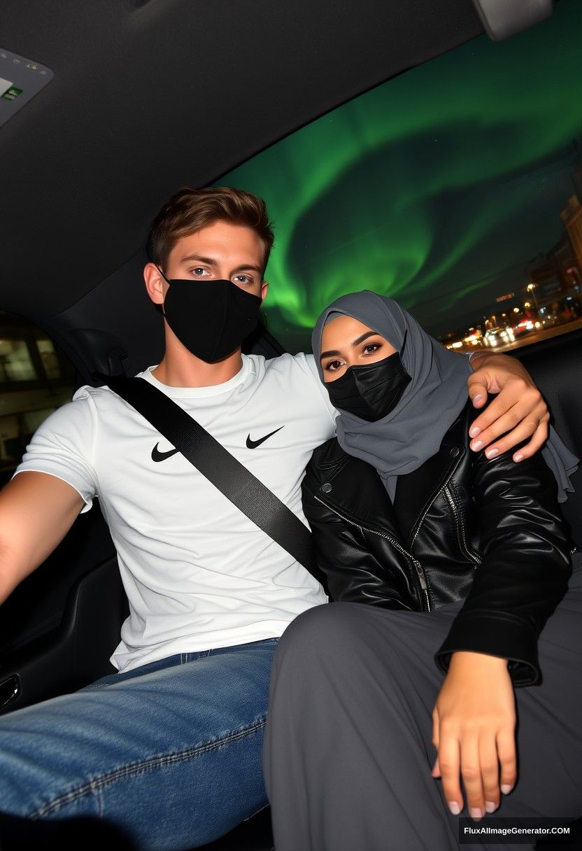 Jamie Dornan, tall, young, black face mask, white Nike T-shirt, jeans,

dating romantically with a gray hijab Muslim girl, beautiful eyes, black face mask, leather jacket, very long and large skirt, not a tall girl,

sitting in a car together, leaning on his shoulder, in town, photorealistic, selfie photos, night scenery, aurora borealis.