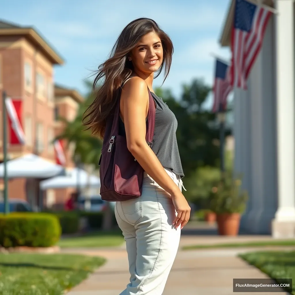 24-year-old brunette college girl with long legs walks through town, beautiful pants.