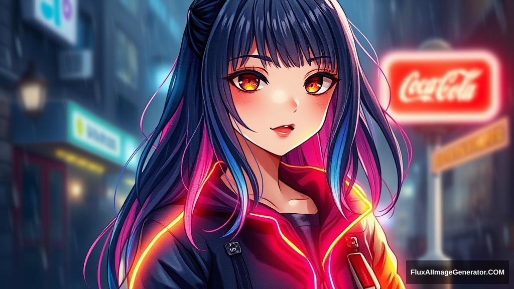 Beautiful girl of European appearance in a jacket glowing with neon light with long hair, multicolored hair, dark background, rain, watercolor style. - Image