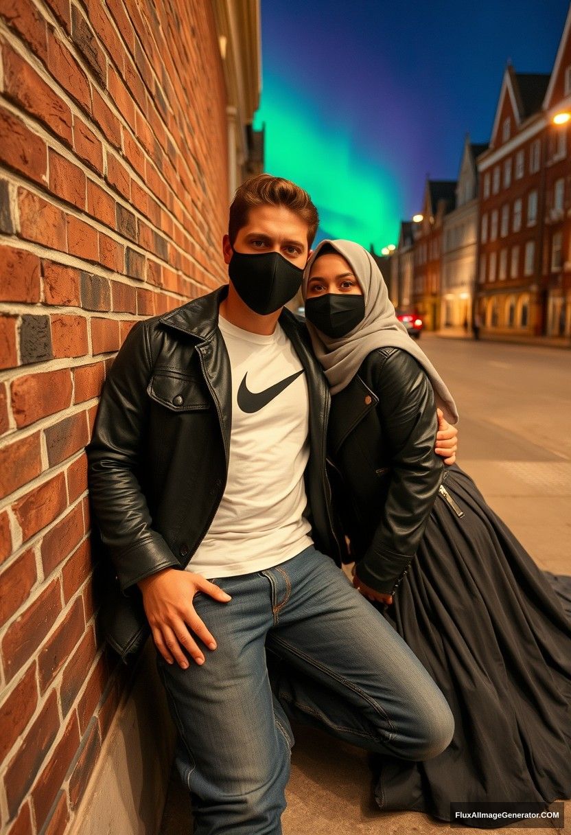 Jamie Dornan, tall and handsome, wearing a black face mask, a white Nike T-shirt, and jeans, dating a beautiful Muslim girl in a grey hijab, with beautiful eyes, also wearing a black face mask, a leather jacket, and a very long and wide skirt, who is not tall. They are laying against a brick wall in town, in a photorealistic style, capturing street photography, selfie photos, and a night scenery with the aurora borealis. - Image