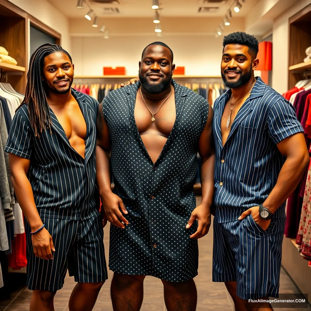 3 slim, massive chest college students each from different ethnic backgrounds trying on nightwear in a store