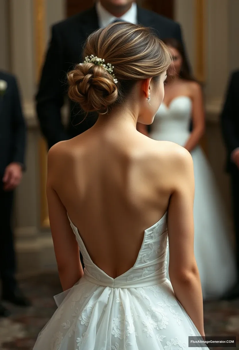 a short young woman, sensitive, delicate, ashamed, backless strapless small-waisted wedding dress, in front of patriarchy, expectations