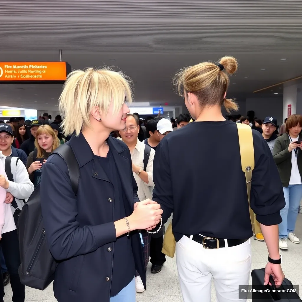 A man with ear-length blond hair and a man with a ponytail are holding each other's hands in front of a large crowd at the airport, both in K-pop idol style.