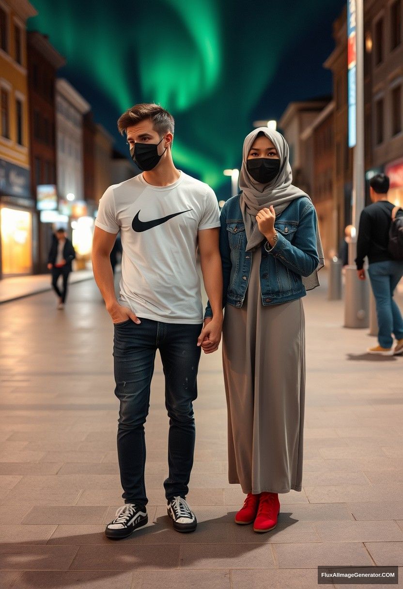 Jamie Dornan, handsome, black face mask, white Nike t-shirt, jeans, sneakers, dating romantically with a grey hijab-wearing Muslim girl, beautiful eyes, black face mask, jeans jacket, very long and big skirt, not a tall girl, red sneakers, holding hands, in town, black glasses, photorealistic, street photography, full photography, selfie photos, night scenery, aurora. - Image