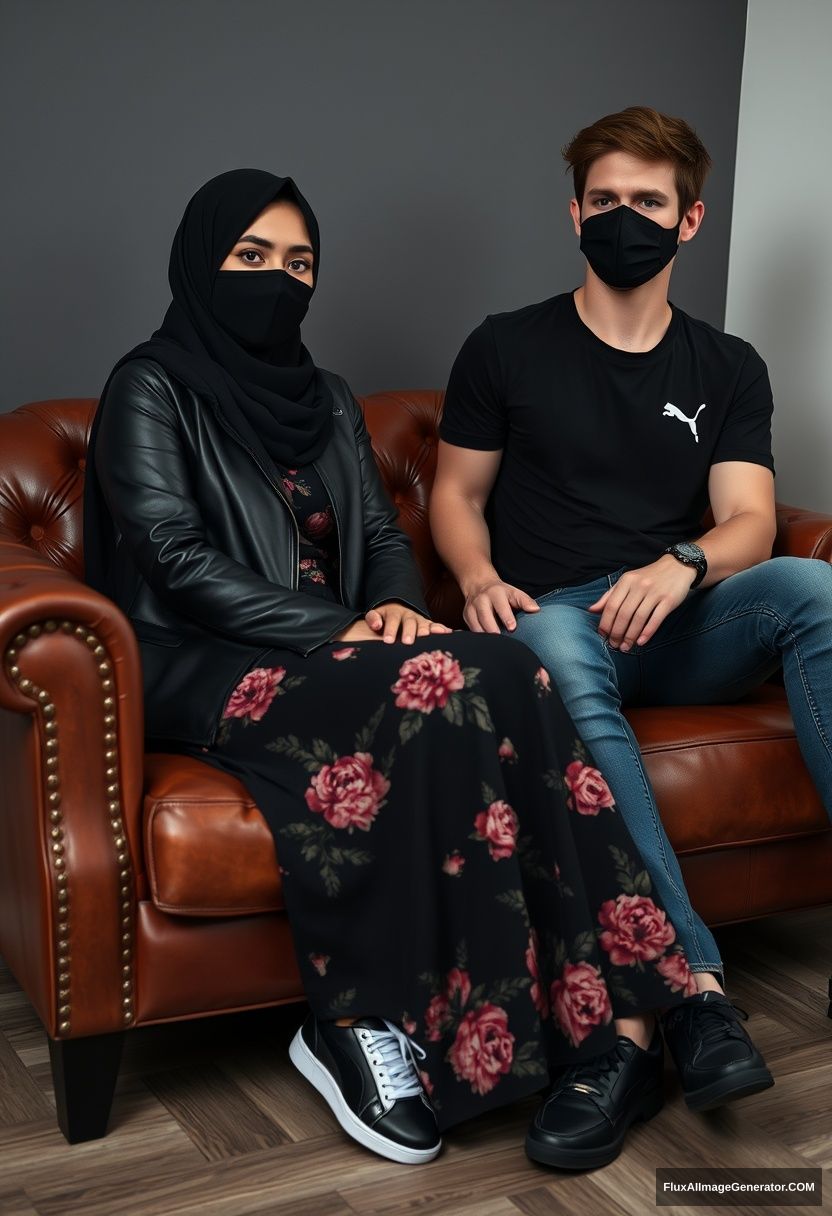 A biggest black hijab girl, slim girl, beautiful eyes, face mask black, black leather jacket, biggest floral long dress, black leather sneaker, sitting on a leather single wing sofa, Jamie Dornan, youngest, puma black T-shirt, jeans, black leather sneaker, tall man, face mask black, fit body, sitting near her, hyper-realistic, studio photography. - Image