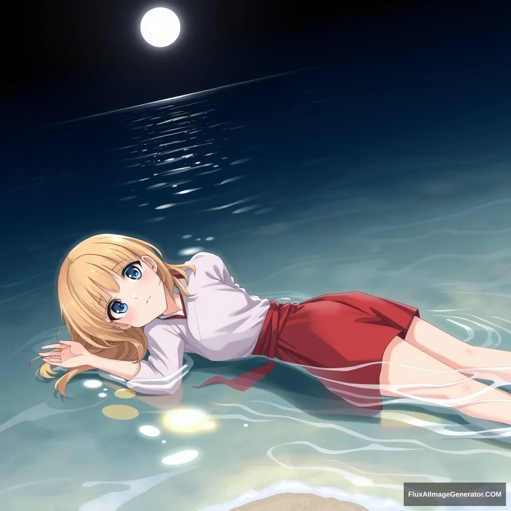 only one person, Lycoris, Chisato, Japanese red short yukata, lying position, in the shallow seawater near the beach, relaxed posture, blue eyes, stretching, reclining, golden hair loosely, night, moonlight, side profile, gentle waves.