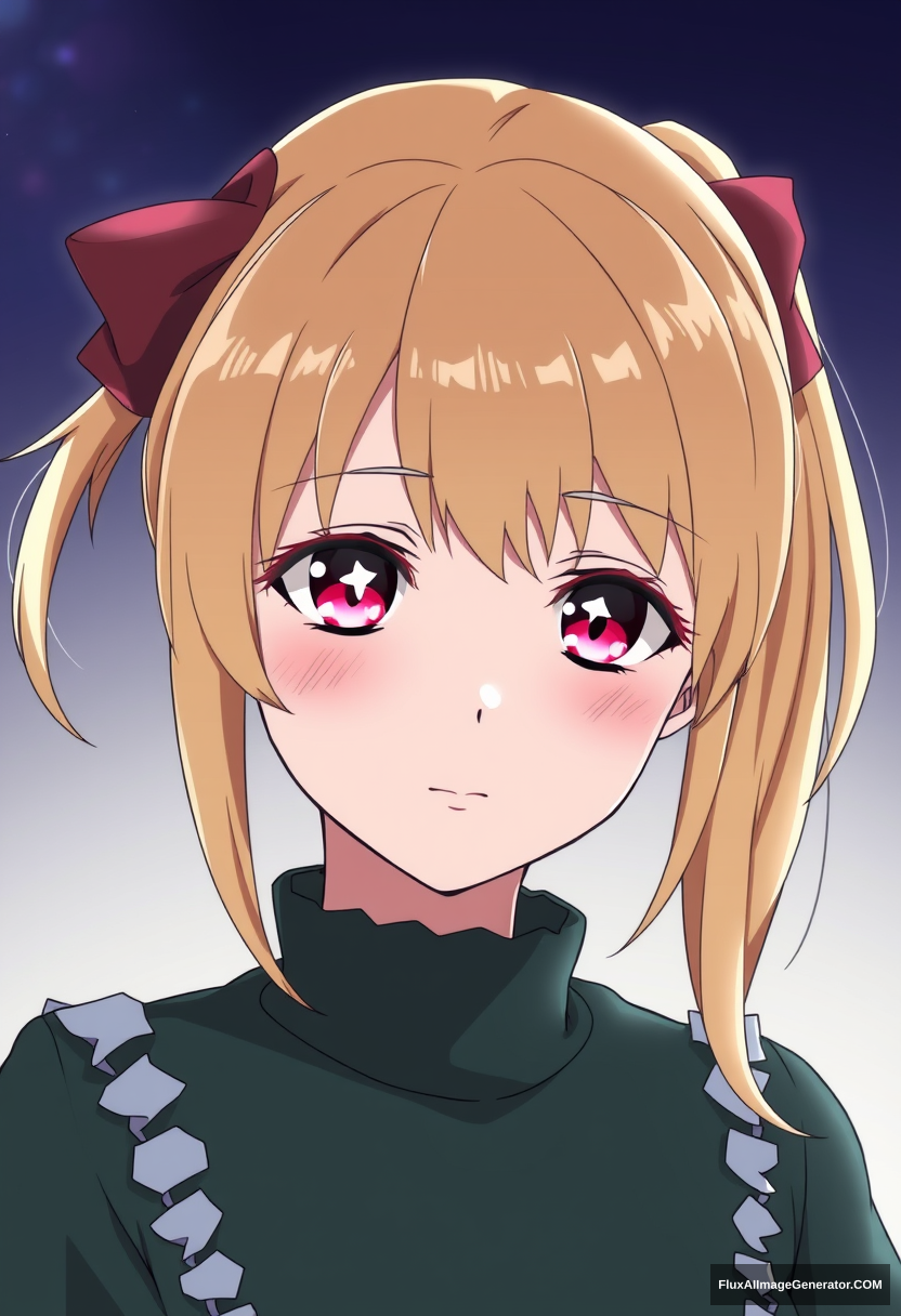 A beautiful young girl of average height with blonde hair that she ties in a side ponytail (much like how her late mother Ai Hoshino does) and possesses pink-ruby colored eyes with a six-star on her left eye like her late mother. In anime style, she has a star only in her right eye. - Image