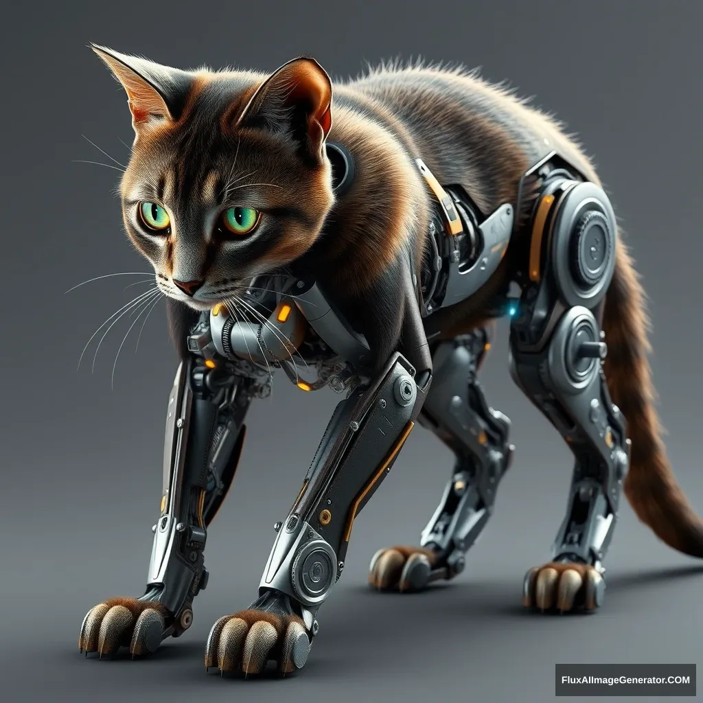 A biomechanical feline, its sleek fur parting to reveal intricate gears and pulsing circuits within its muscular legs. Hyperrealistic rendering captures every metallic glint and synthetic synapse. The cat's eyes, a fusion of organic and digital, reflect a world where nature and technology intertwine seamlessly.