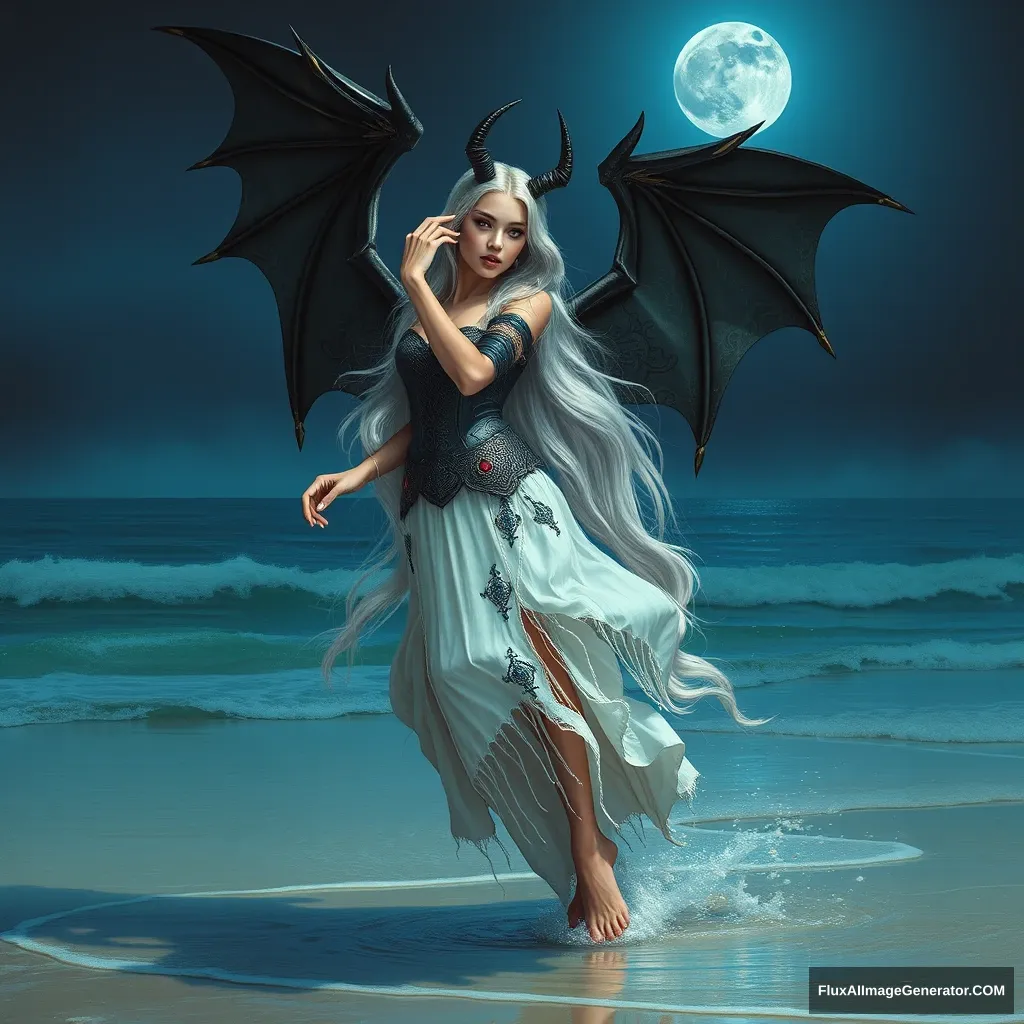 Rising on tiptoe, demon wing opening to fly, full body portrait, under blue moon moonlight, silver long-haired maiden, a hand gently caressing her own face, demon's fangs and horns, adorned with intricate patterns on the black iron armor, in the shallow seawater on the beach, lightly leaping, rising on tiptoe, stern and alluring, stretching, magnificent torn long skirt with sapphires, ruby eyes, bare legs.