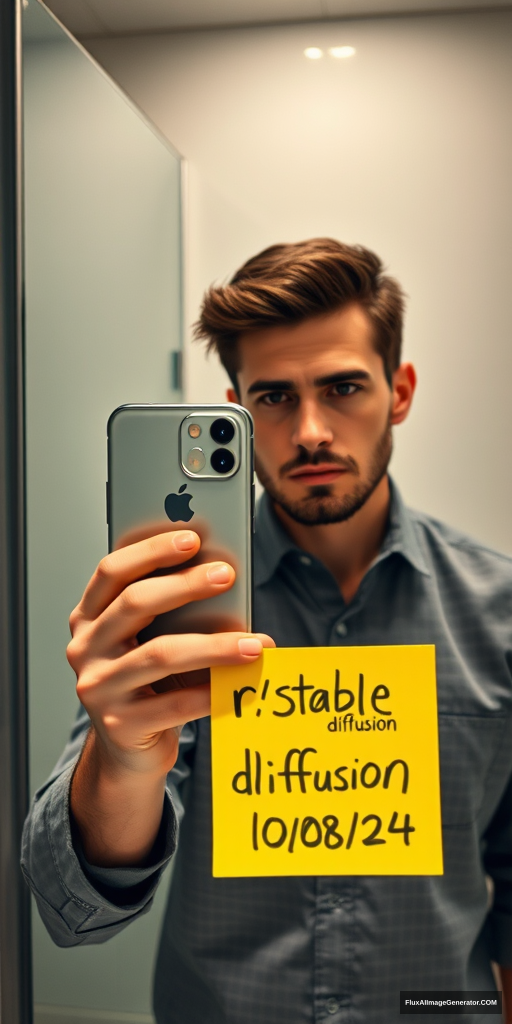 Man in a meticulously detailed bathroom, capturing a mirror selfie with the latest iPhone. He's holding a vibrant yellow post-it note displaying "r/stablediffusion" and "10/08/24". Hyper-realistic style with precise lighting, reflections, and textures. Verification-style composition, natural color palette. Subtle tension in expression, modern tech-savvy atmosphere. - Image