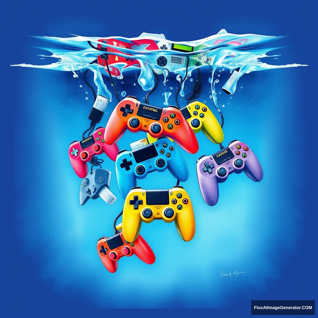 (watercolor) art piece, multiple colorful game controllers cascading into (crystal-clear water), visually depicting the sensation of drowning, evoking a sense of loss and nostalgia amidst whimsical imagery. neon, illustration. - Image