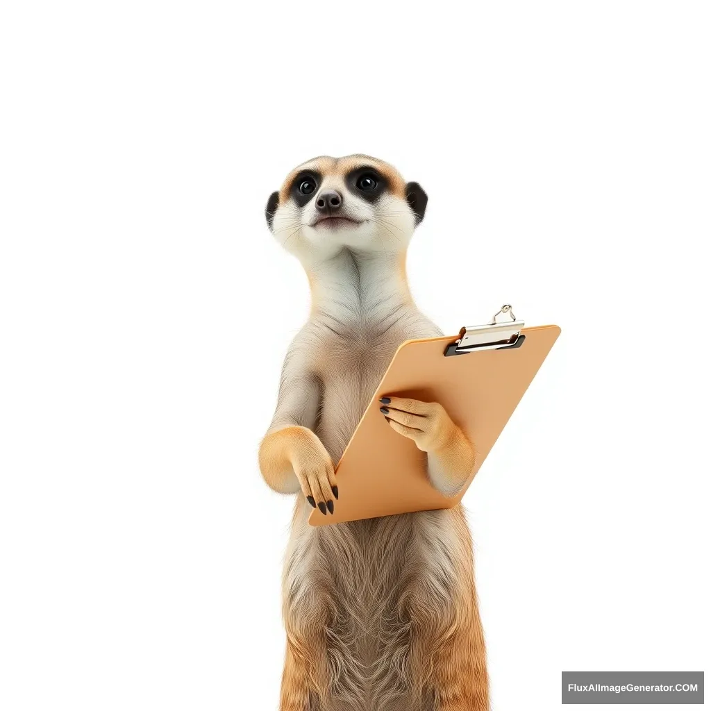 Create a photo: A meerkat stands in front of a white background holding a clipboard with a pen in its hand. - Image