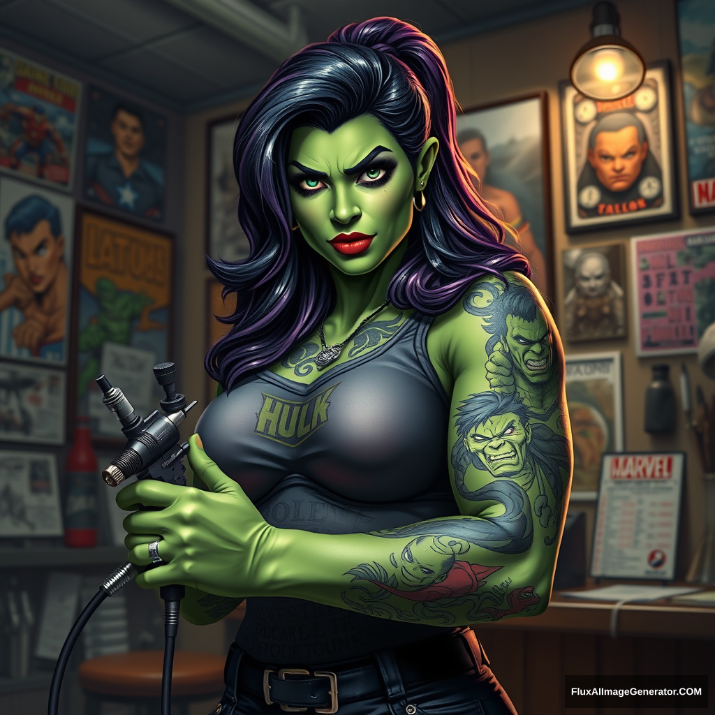 She-Hulk in tattoo artist attire, inked with detailed Marvel hero motifs, grips a tattoo machine, standing before a backdrop of an authentic tattoo studio with walls adorned with vibrant artwork, flash sheets, and tattoo machine racks, soft ambient light casting a subtle glow over the scene, digital painting, ultra realistic, dramatic lighting.