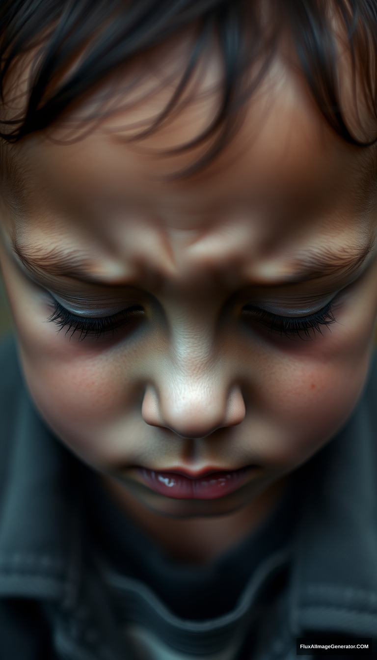 Close-up of the child's downcast, silent expression, showing inner repression and helplessness. - Image