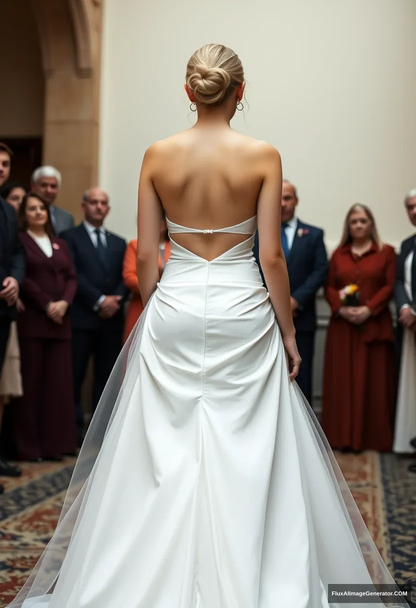 A short young woman, sensitive, delicate, backless strapless side-less low-waisted contouring wedding dress with a loose front and an undone rear. Submitting before the council of fathers. Expectations. Perfect posture. Pale skin. - Image