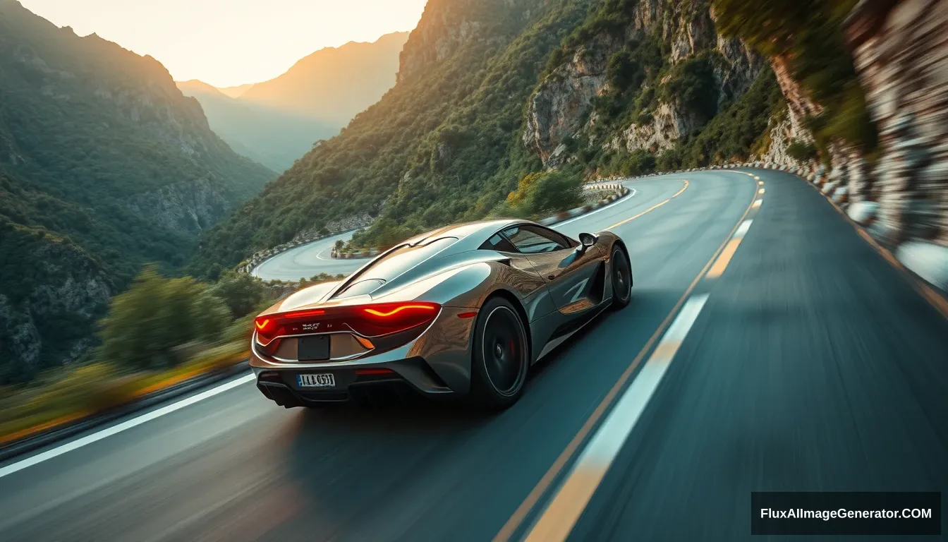 (super car:1.5) 145 degree view, sleek design, (shiny metallic finish:1.3), racing from a winding mountain road, surrounded by lush greenery and dramatic cliffs, (sunset lighting:1.2) casting warm hues, dynamic motion blur enhancing speed, reflections on the car's surface, (high detail:1.4), cinematic atmosphere, (4k:1.2), inspired by automotive photography.