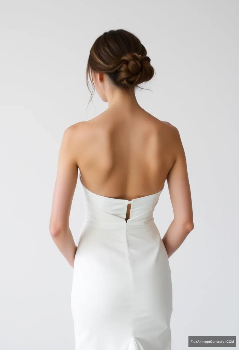 a short young woman, sensitive, delicate, ashamed, backless strapless side-less low-waisted open-back contouring wedding dress with a too-loose top that seems like it's spilling, in front of patriarchy, expectations.