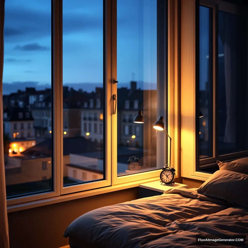 Glass window, modern bedroom apartment in France, a study lamp lighting, night scenery, 2:00 AM on a small clock on a small desk behind the bed, hyper-realistic, photorealistic.