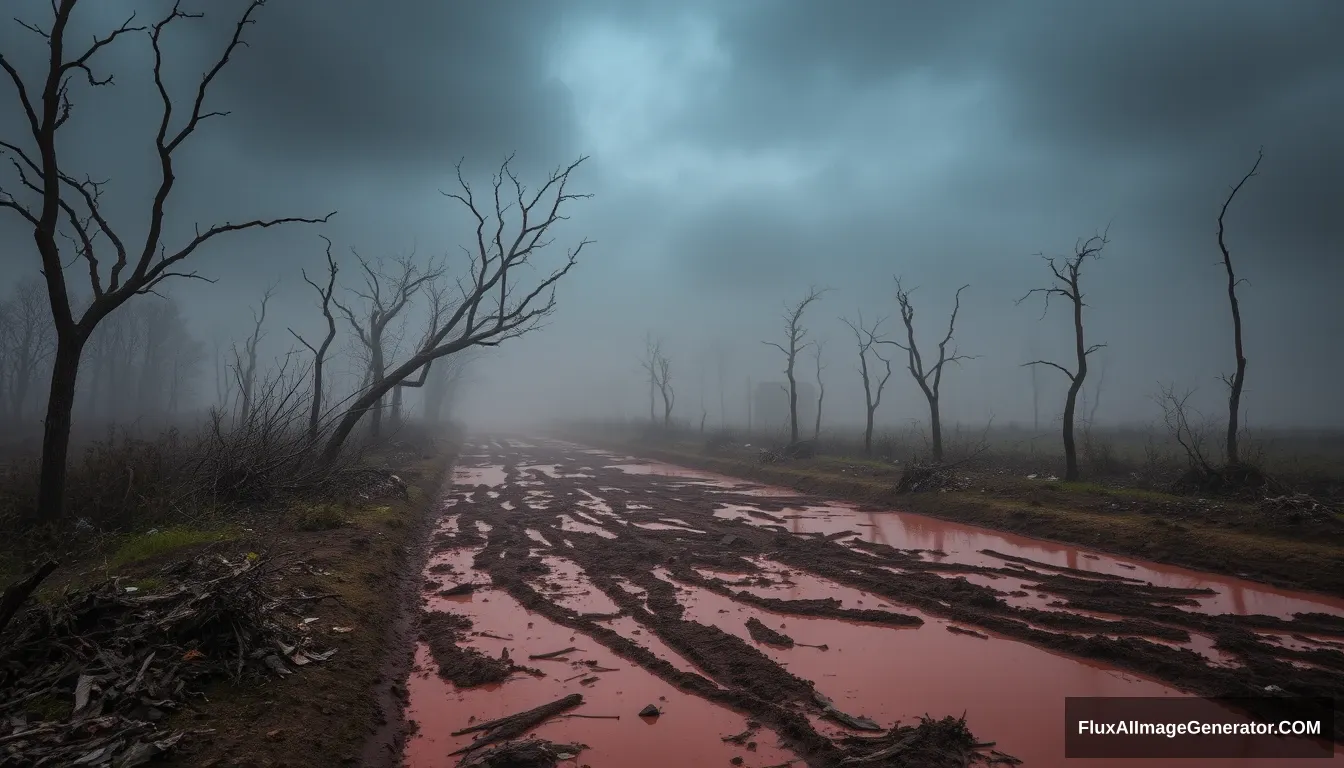 The sky was dark, the trees were dead, the muddy ground was mixed with some rags, and there was reddish water, because it had rained for a long time and it was foggy. If you walk on the side of the road, you can see some mounds of earth, and some broken bones can be seen when the rain washes away. The rest should be no different from ordinary places, and the villages and cities where they live in a concentrated area should be able to see some miserable scenes.