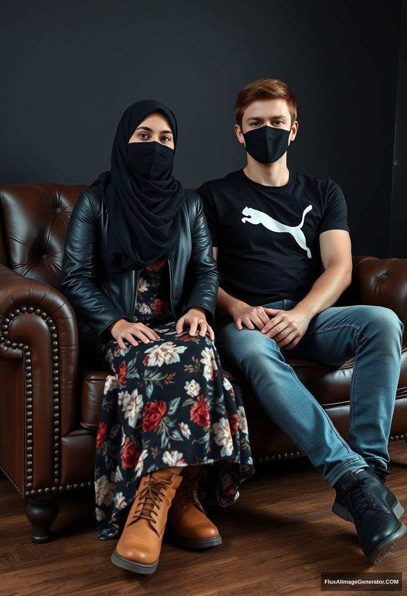 A biggest black hijab girl, slim girl, beautiful eyes, face mask black, black leather jacket, biggest floral long dress, Timberland boots, sitting on a leather single wing sofa,

Jamie Dornan, youngest, wearing a black Puma t-shirt, jeans, black leather sneakers, tall man, face mask black, fit body, sitting near her,

hyper realistic, studio photography.