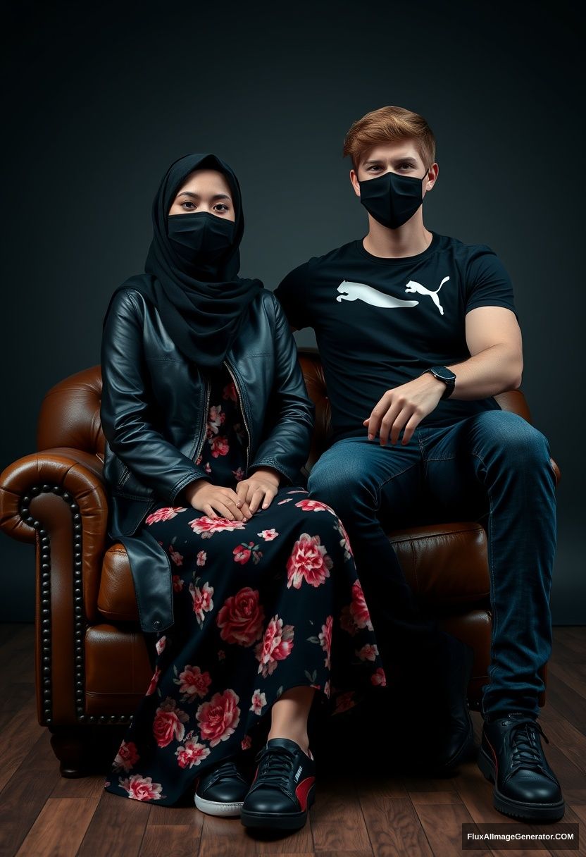 A biggest black hijab girl, slim girl, beautiful eyes, face mask black, black leather jacket, biggest floral long dress, black leather sneaker, sitting on leather single wing sofa, Jamie Dornan, youngest, puma black t-shirt, jeans, black leather sneaker, tall man, face mask black, fit body, sitting near her, hyper realistic, studio photography. - Image