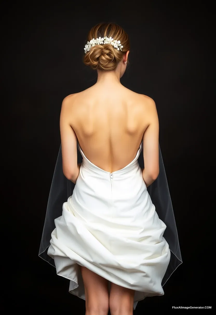 a short young woman, sensitive, delicate, ashamed, backless strapless side-less low-waisted sagging contouring wedding dress, in front of patriarchy, expectations - Image