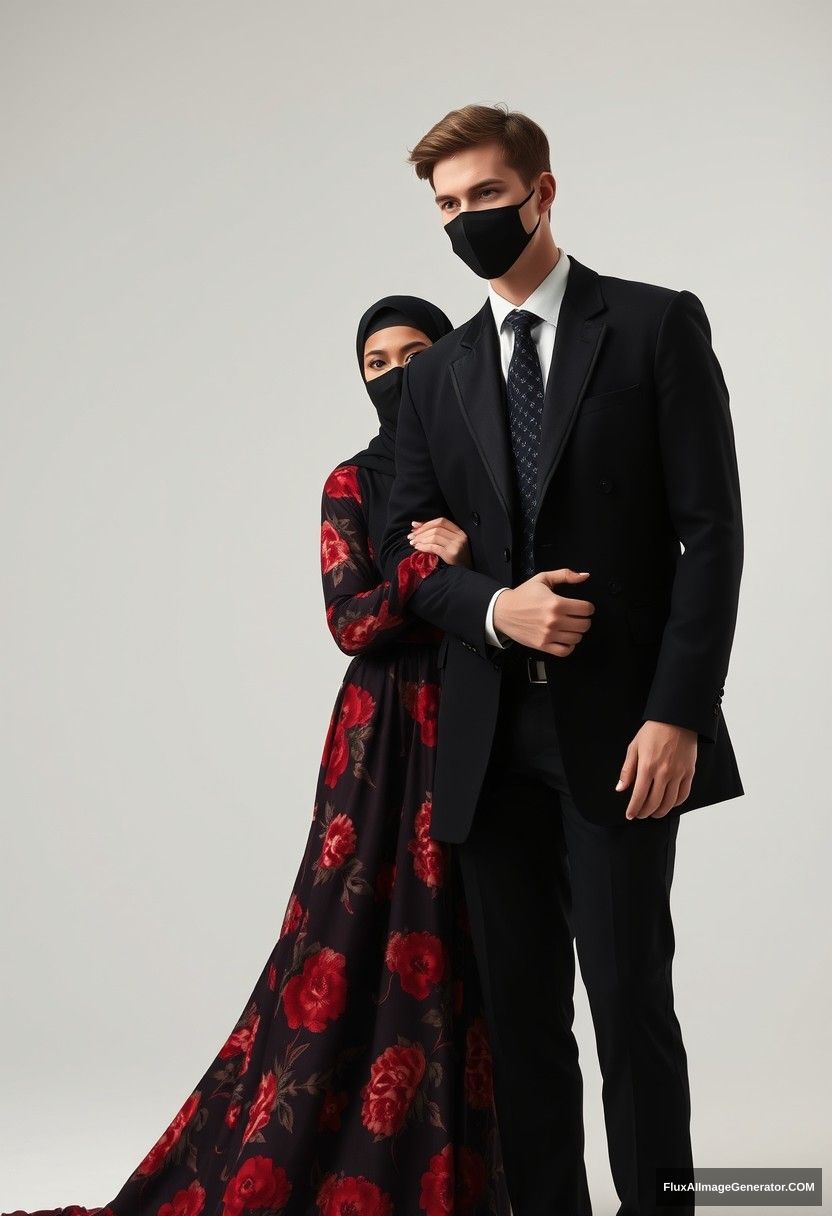 A biggest black hijab girl, beautiful eyes, face mask black, biggest red floral longest gown dress, not tall, standing beside him, love holding his arm,

Jamie Dornan body and face shot, handsome, youngest, face mask black, black coat suit, white shirt, black patterned tie, tall man, love standing near her,

Hyper realistic, studio photography, photorealistic.