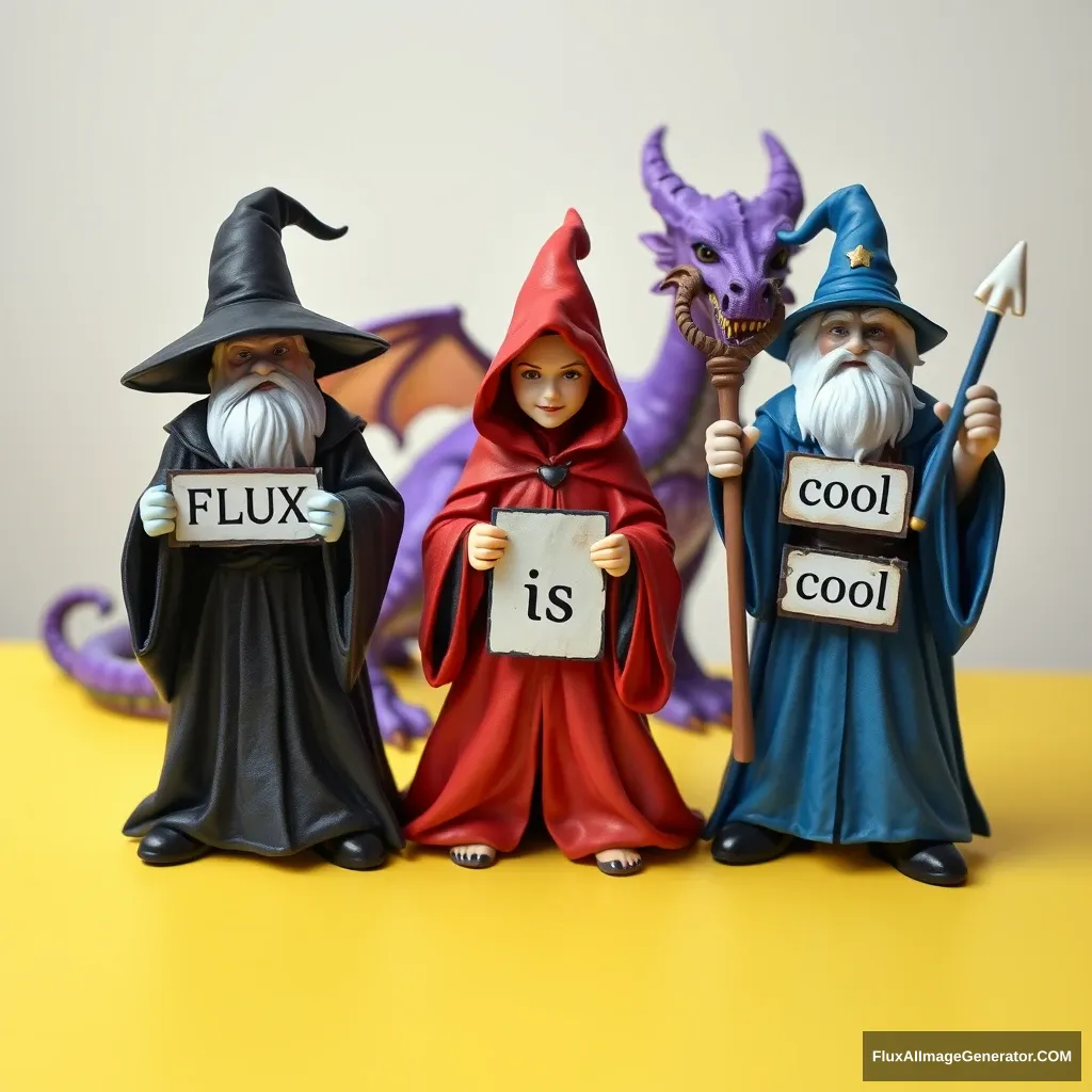 Three magical wizards stand on a yellow table. On the left, a wizard in black robes holds a sign that says 'FLUX'. In the middle, a witch in red robes holds a sign that says 'is', and on the right, a wizard in blue robes holds a sign that says 'cool'. Behind them is a purple dragon. - Image