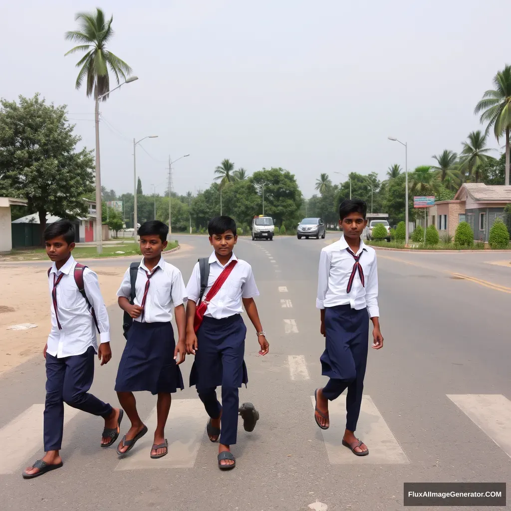 Indian school boys crossing the road.