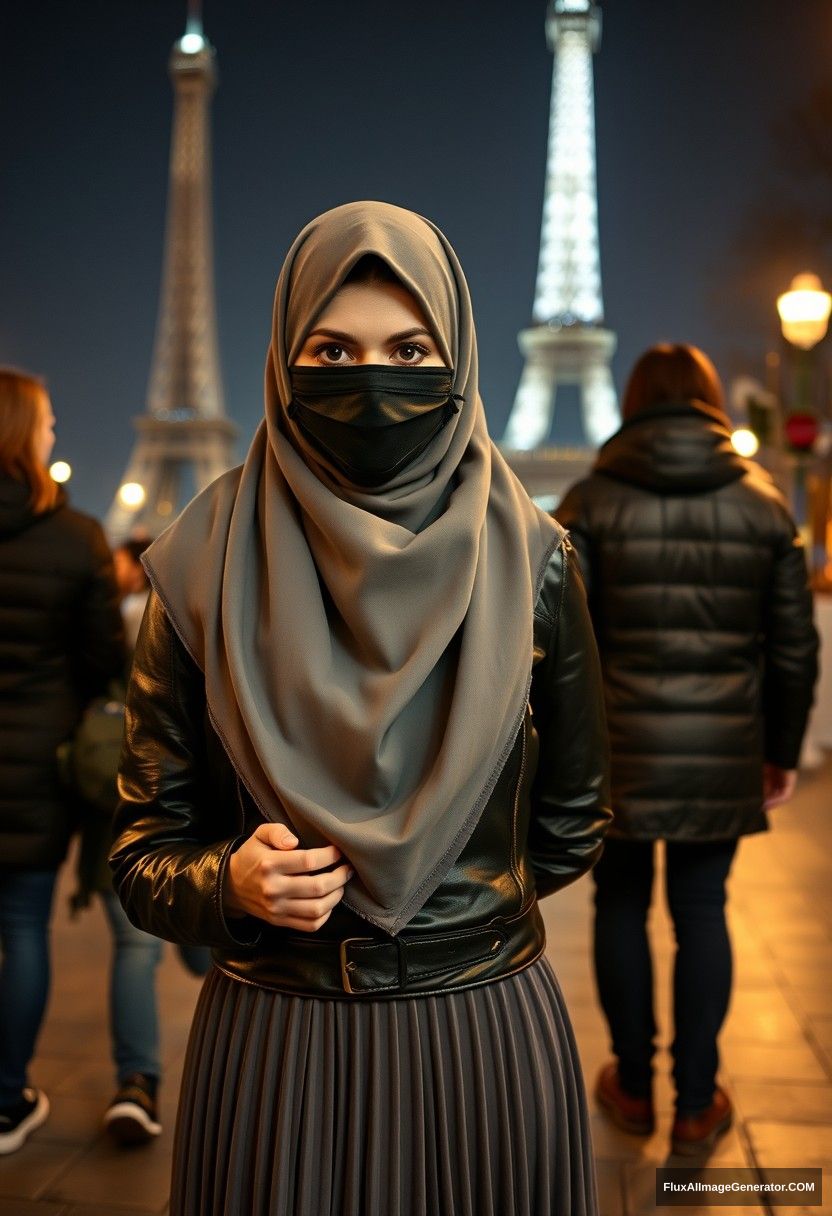 Biggest grey hijab Muslim girl, beautiful eyes, face mask black, leather jacket, biggest longest skirt, standing near Eiffel Tower, night scenery, strangers back, hyper-realistic, photorealistic, street photography, hold someone's hand from back, come hold my hand.