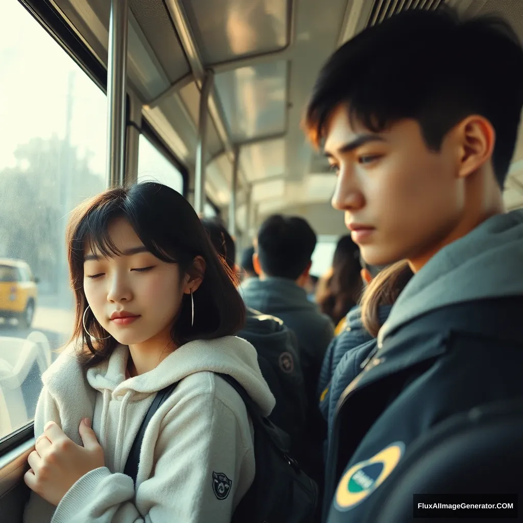 Inside a crowded bus. A sleepy 19-year-old Korean female high school student holds onto the handrail. Sunlight pours in through the window. A handsome male high school student next to me is looking at me. - Image