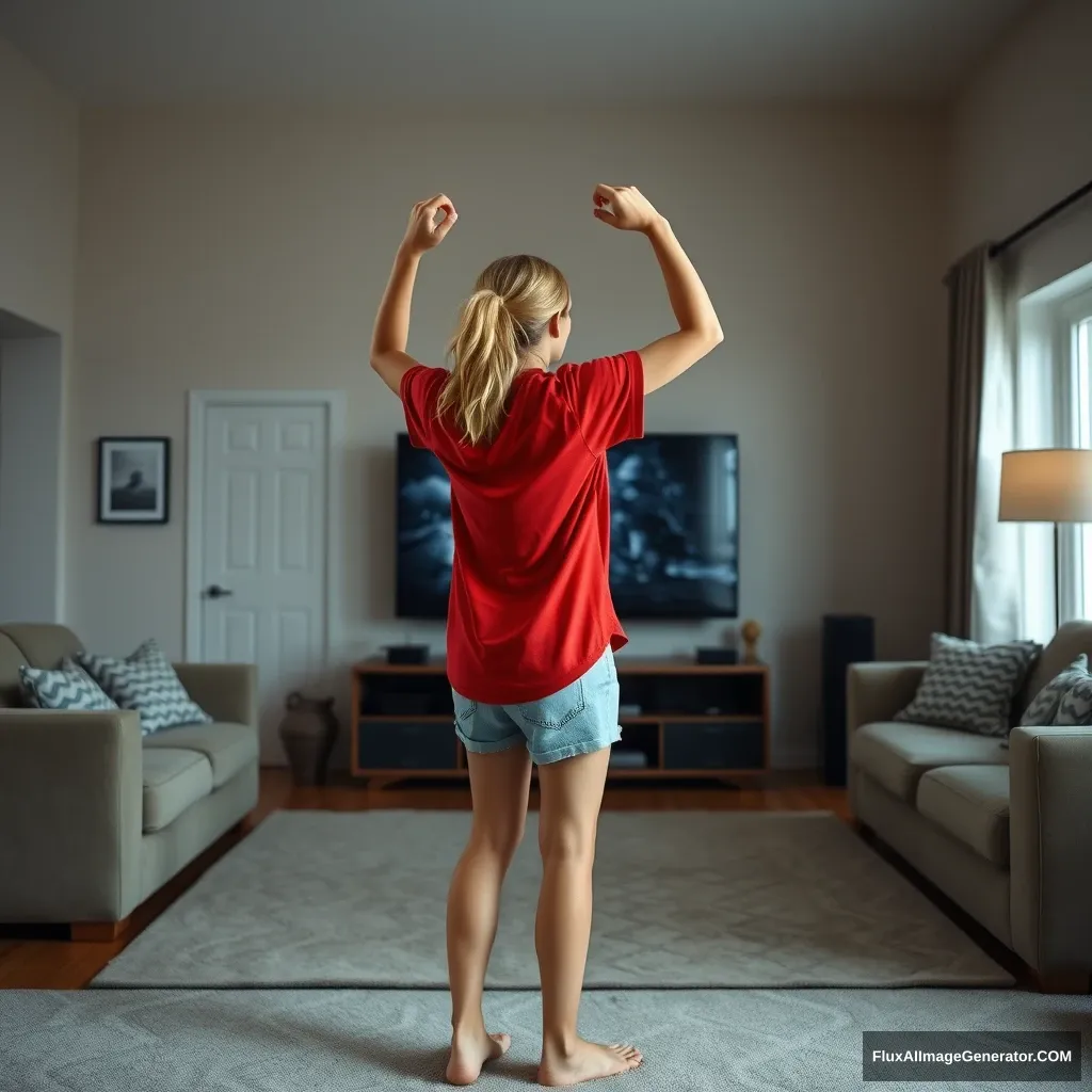 Side view of a blonde skinny woman in her early twenties in her massive living room, wearing a massively oversized red polo t-shirt that hangs a bit unevenly on one shoulder and is untucked at the bottom. She is wearing light blue denim shorts and is barefoot, with no shoes or socks. She is facing her TV and is preparing to dive into the magical world of the television by slowly raising her arms, which are positioned below her chest. - Image