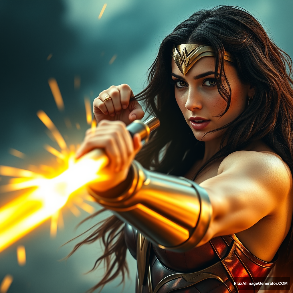 Wonder Woman in real life (Gal Gadot), cracking her golden glowing whip, hyper-realistic photo, dramatic.