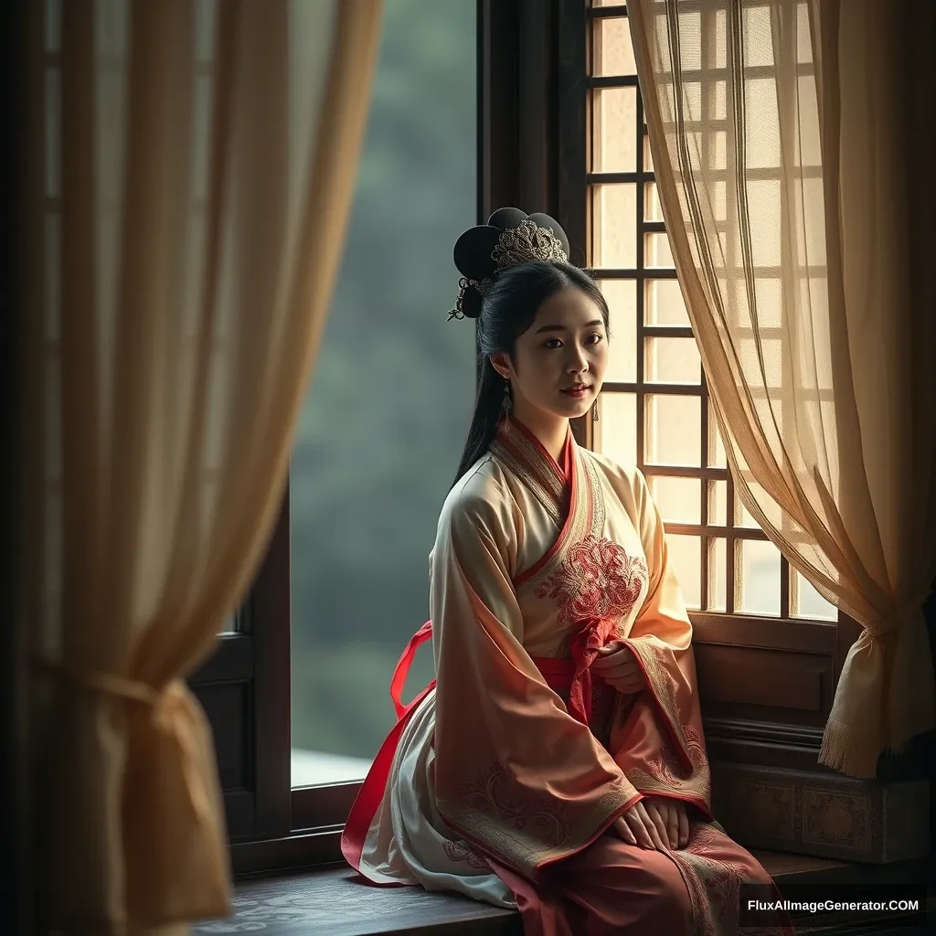 Sitting by the ancient windowsill with high-definition curtains, a beauty in Chinese ancient costume is bathed in the dim light effect.