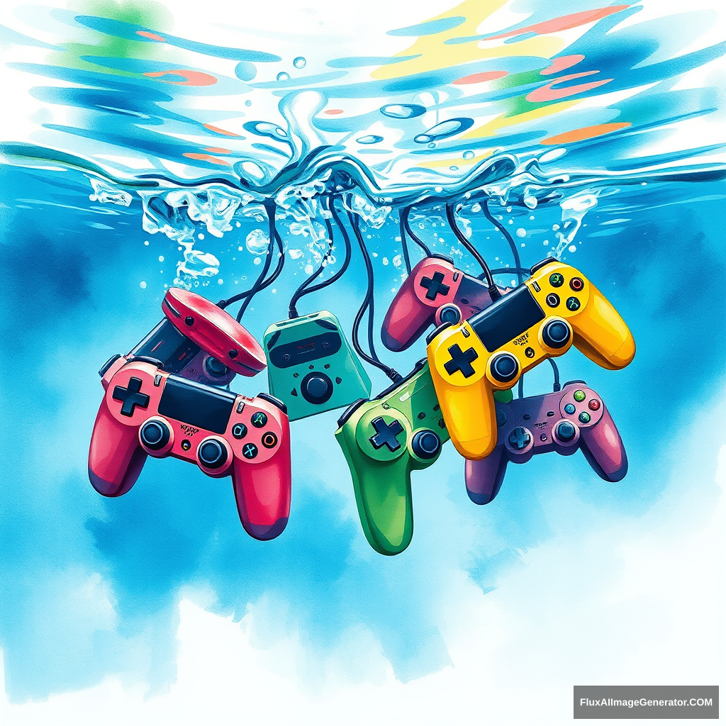 watercolor art piece, multiple colorful game controllers cascading into crystal-clear water, visually depicting the sensation of drowning, expressive ripples and splashes, dynamic movement, subtle blending of hues, creating a hypnotic underwater scene, serene yet melancholic atmosphere, high-contrast details 4K, evoking a sense of loss and nostalgia amidst whimsical imagery, illustration, neon sign.