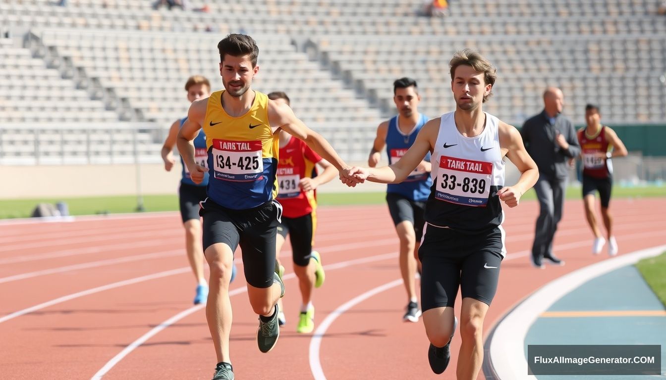 track and field runners handing off baton on the track in a relay race - Image