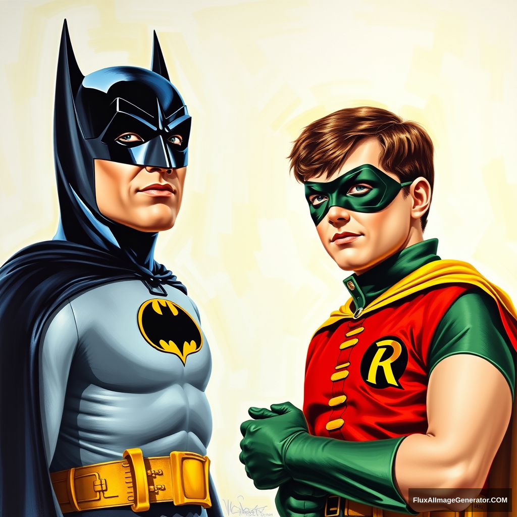 Adam West as Batman and Burt Ward as Robin poster, a painting by Arthur Sarnoff, 4k.