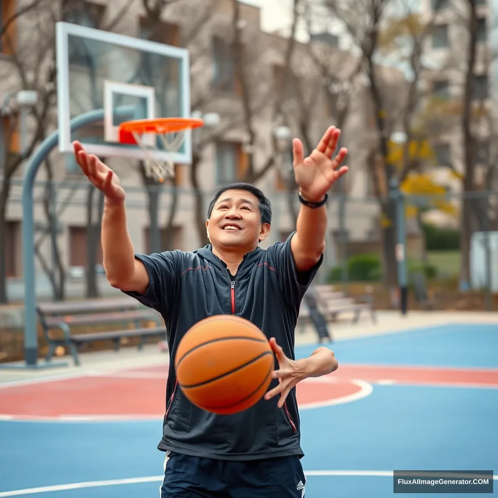 A Chinese middle-aged man playing basketball on the playground. - Image