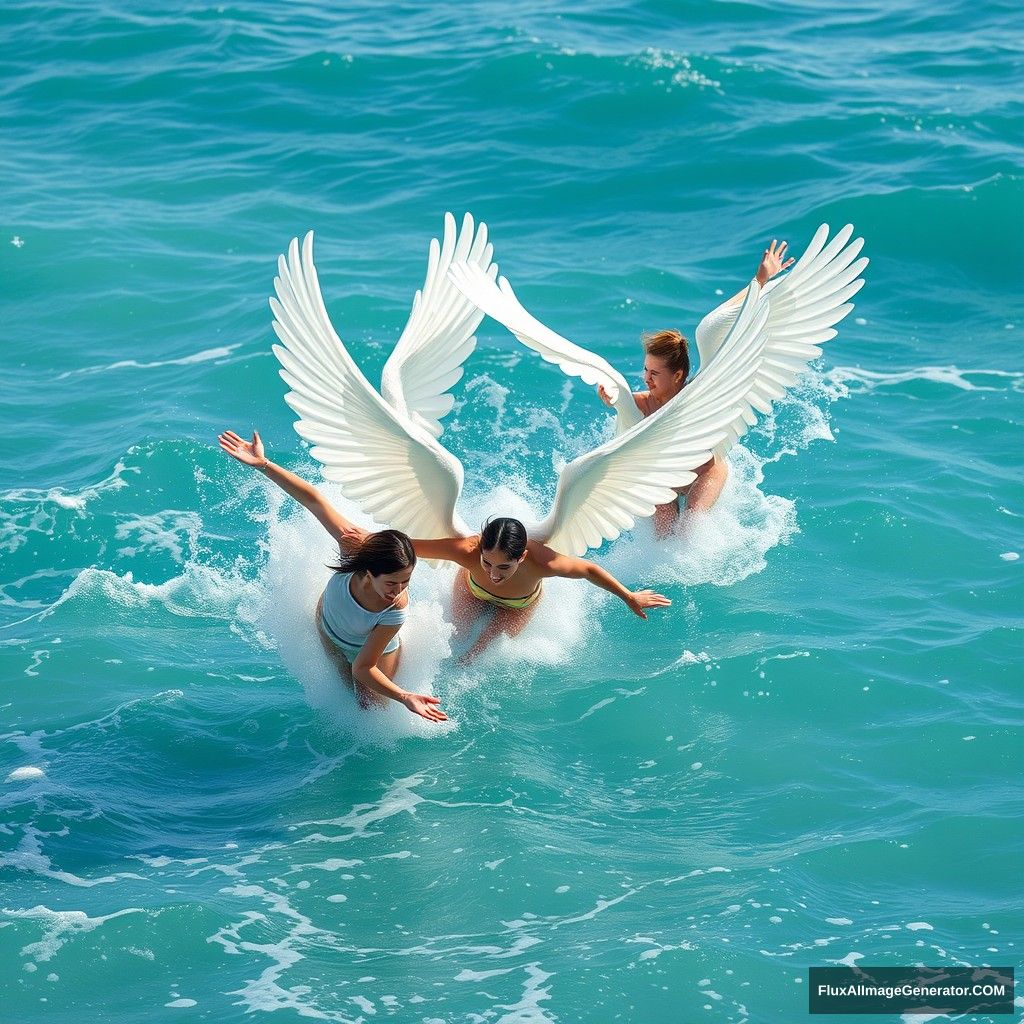 "People are flying in the waves, with wings, high quality, the background is a turquoise sea."