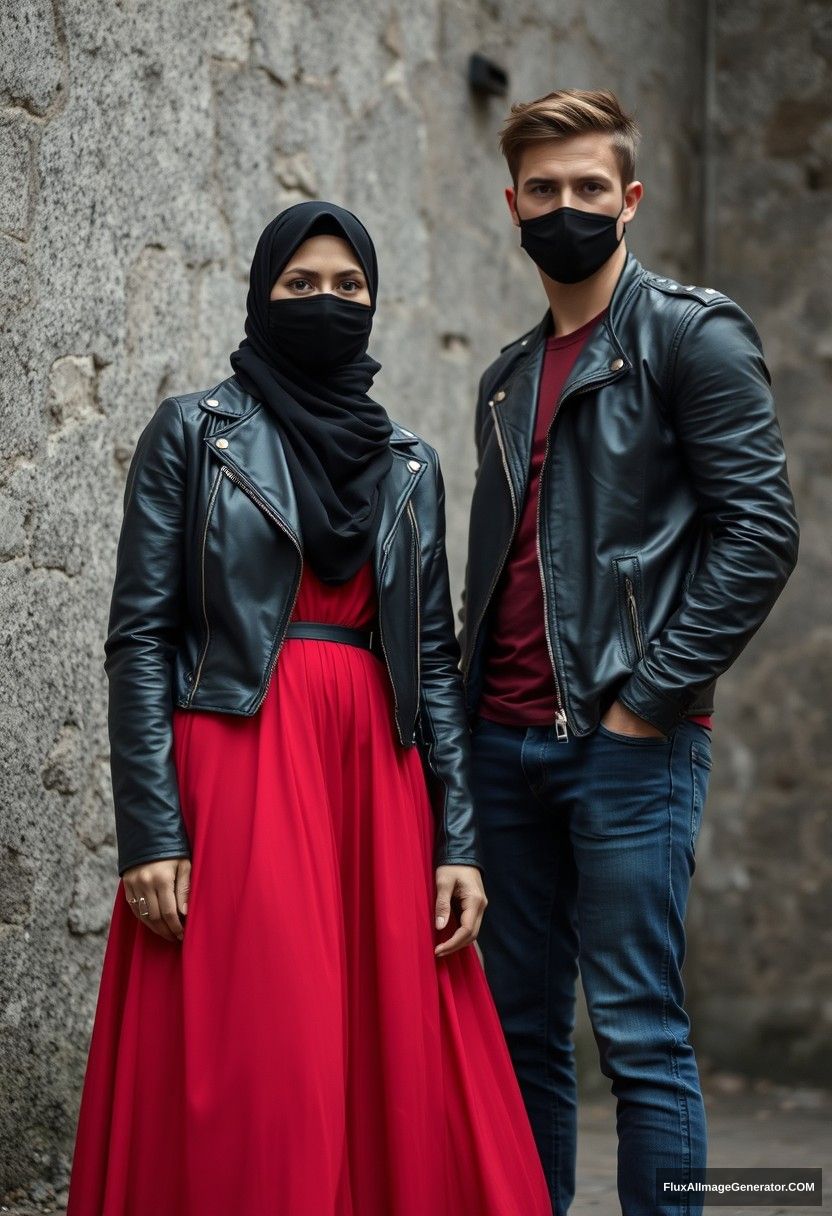 A biggest black hijab girl, beautiful eyes, black face mask, black leather jacket, the biggest red longest dress, not tall,

Jamie Dornan, handsome, black face mask, fit and tough body, red metal t-shirt, black leather jacket, jeans, tall man,

standing near a wall together, 
Hyper-realistic, photorealistic, street photography, Victoria's abandoned castle, gloomy.