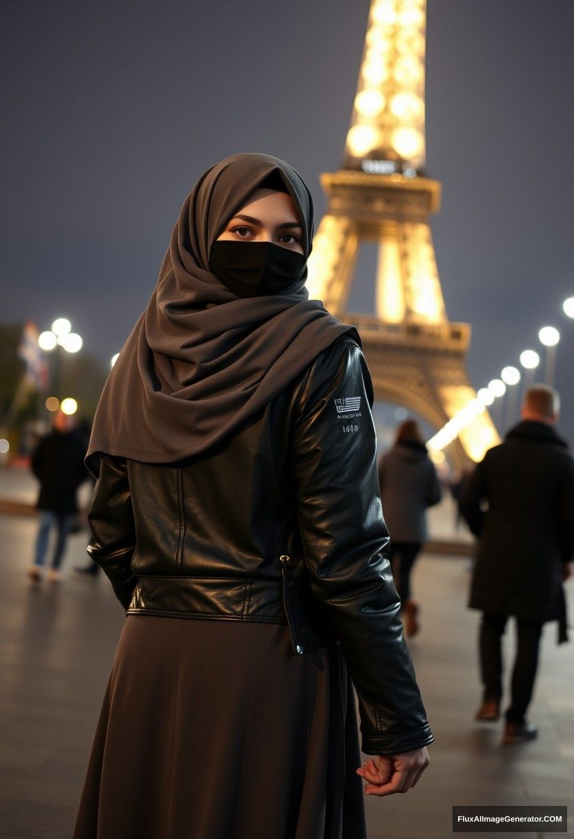 Biggest grey hijab Muslim girl, beautiful eyes, face mask black, leather jacket, biggest longest skirt, standing near Eiffel Tower, night scenery, strangers back, hyper realistic, photorealistic, street photography, hold her boyfriend's hand from opposite.