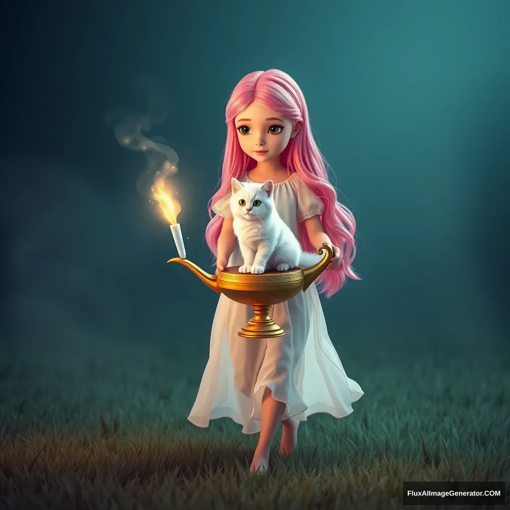 A girl with pink long hair, wearing a white chiffon dress, walking on the soft grass, holding an Aladdin magic lamp. Sitting on the lamp is a white furry cat, surrounded by mysterious light and smoke. The background is solid color, Picas style, 3D rendering, natural light, high-definition picture quality, 8k, - niji 6.