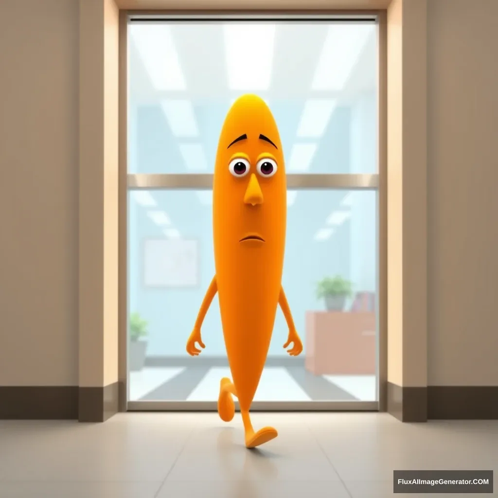 A simple, 3D Pixar-style character with a smooth, inverted triangle body shape, colored in bright orange. The character has a broad upper body that narrows towards the bottom, with eyes, nose, and mouth all within the inverted triangle body. The character is walking into an office building. The character’s body is wide at the top and narrows towards the bottom, clearly forming an inverted triangle shape. - Image