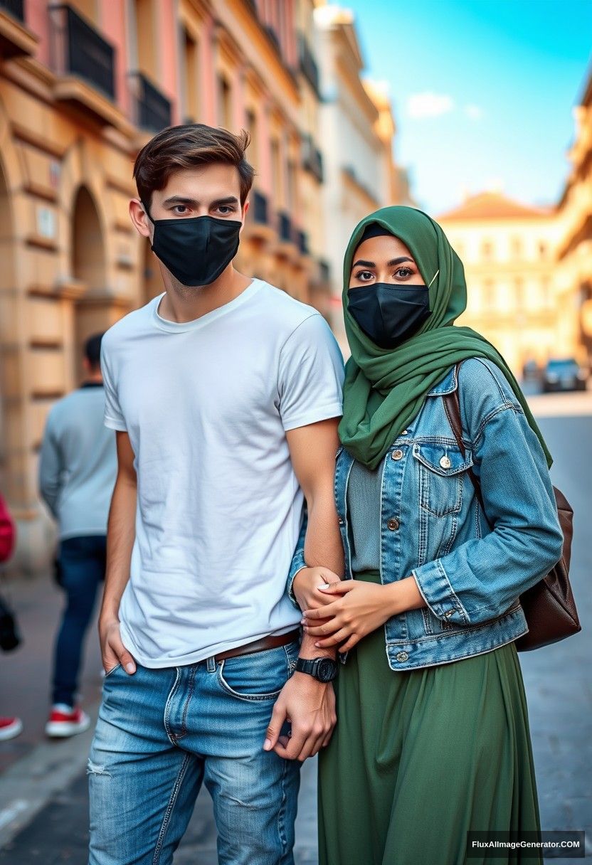 Jamie Dornan, young, black face mask, white t-shirt, jeans, red sneakers, dating romantically with a Muslim girl in a green hijab, beautiful eyes, black face mask, denim jacket, longest skirt, not tall girl, photorealistic, street photography, full photography, selfie photos.