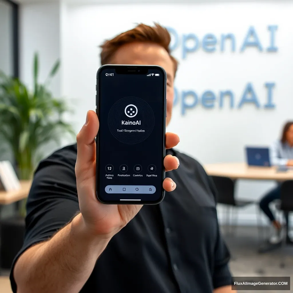 Elon Musk holds a phone and the phone screen shows the KainoAI app, with the background being at the OpenAI office. - Image