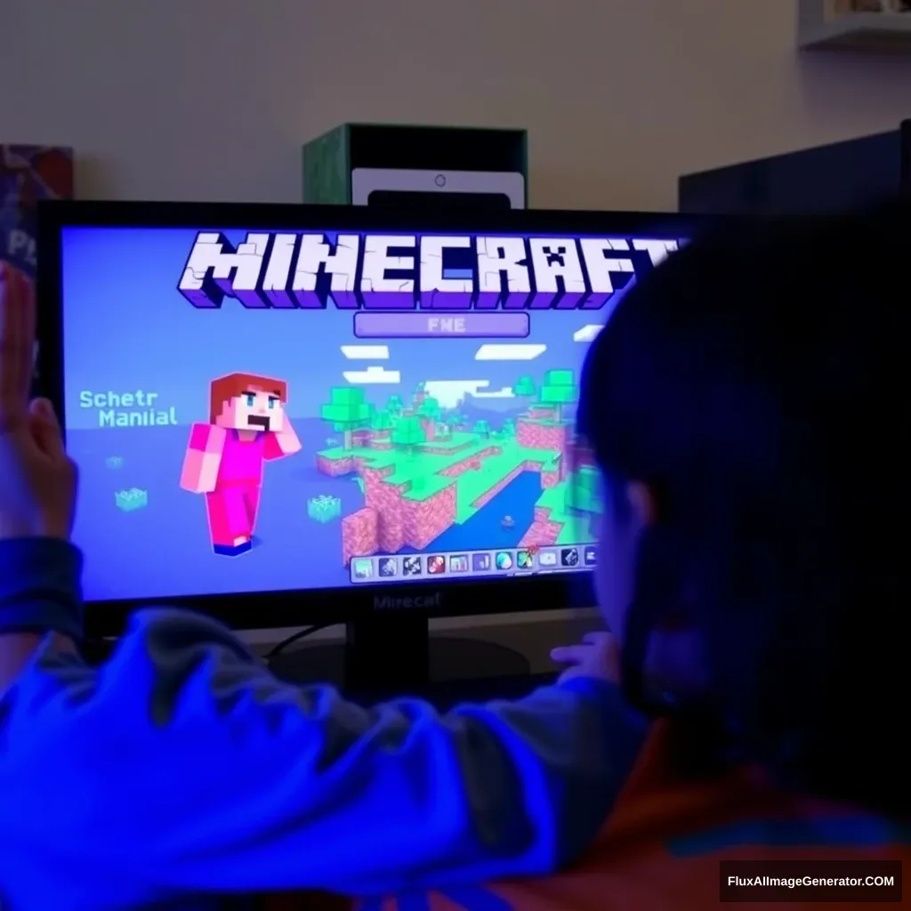 A little girl is playing the Minecraft game on the computer screen. - Image