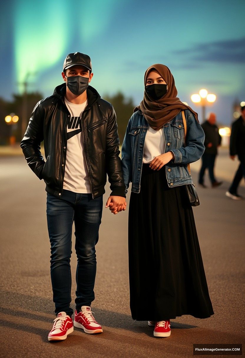 Jamie Dornan, handsome, wearing a leather cap, black face mask, white Nike t-shirt, jeans, and sneakers, is dating a lovely, romantic hijab-wearing Muslim girl with beautiful eyes, also in a black face mask, a jeans jacket, and the longest, biggest skirt. She is not tall and wears red sneakers. They are holding hands in photorealistic street photography, full photography, and selfie photos, set against a night scenery with an aurora.