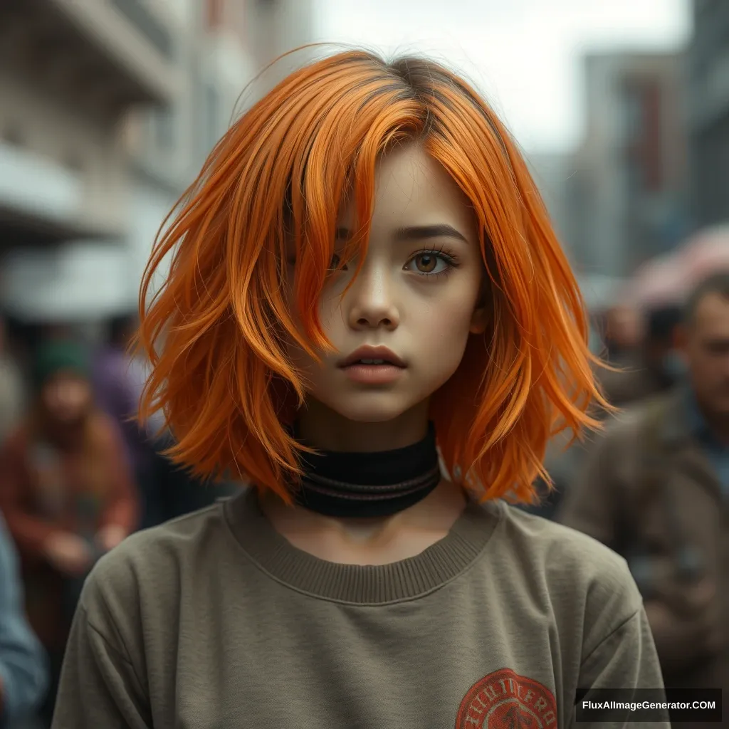 Change the hair color from black to orange for the character in the center of this photo at the link: https://r2.fluxaiimagegenerator.com/ecbbe355-1cab-4643-aa40-01e838c4f52e.webp - Image